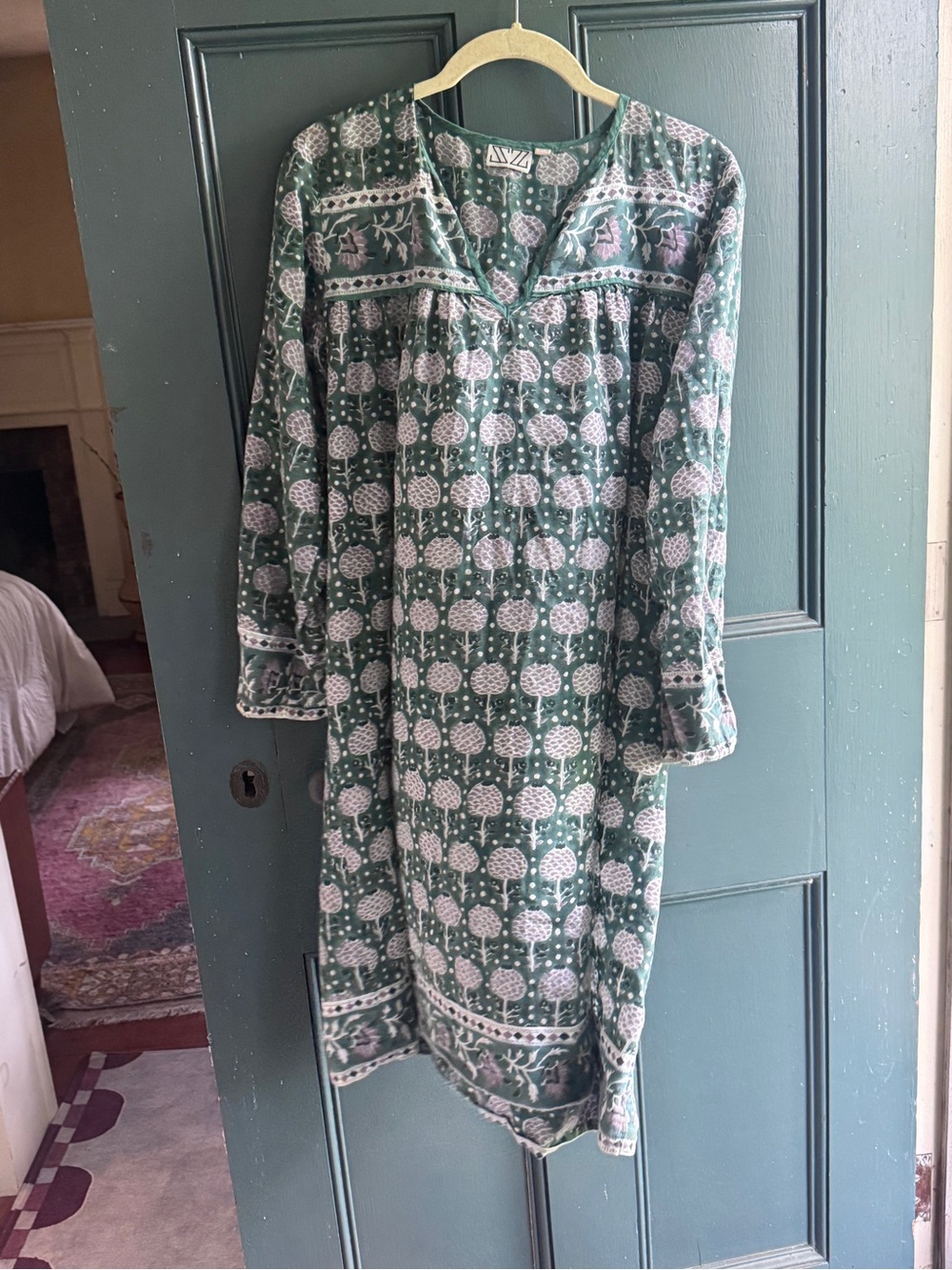 SZ Blockprints Hand Block Print Cotton Midi Dress OS Green Floral Boho